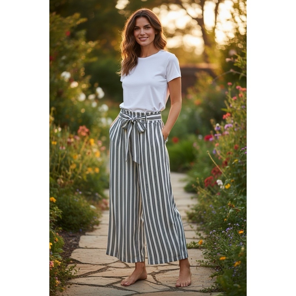 Kimberly C. Pleated High Rise Wide‎ Leg Pants Black/White Striped- One Size